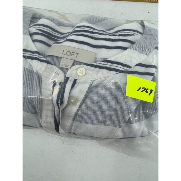 Ann Taylor LOFT Women's White Blue Striped Button Casual Peasant Top Medium Boho - Picture 8 of 8